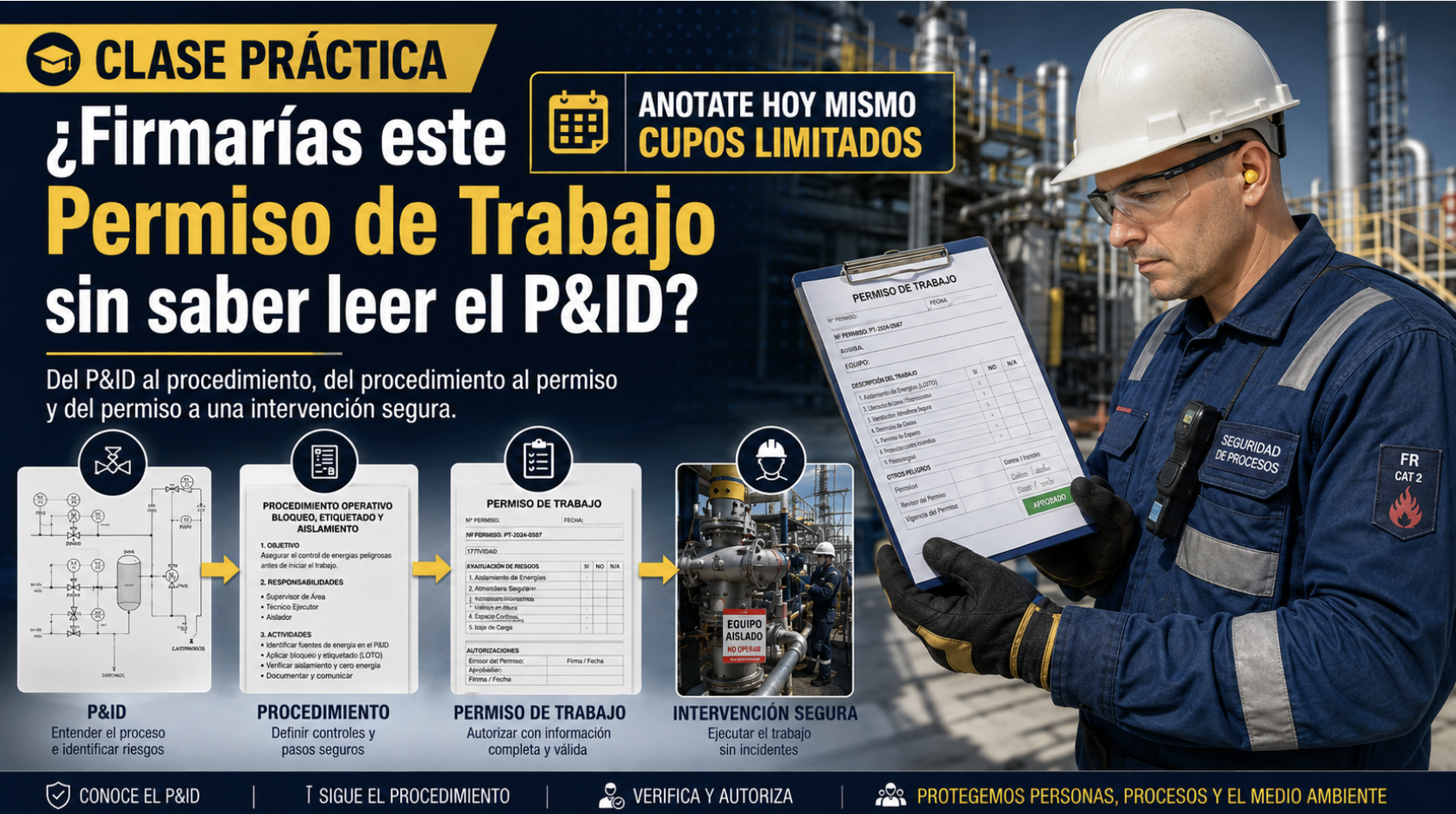 Clase Práctica: ¿Firmarías este Permiso de Trabajo sin saber leer el P&ID? — Del P&ID al procedimiento, del procedimiento al permiso y del permiso a una intervención segura